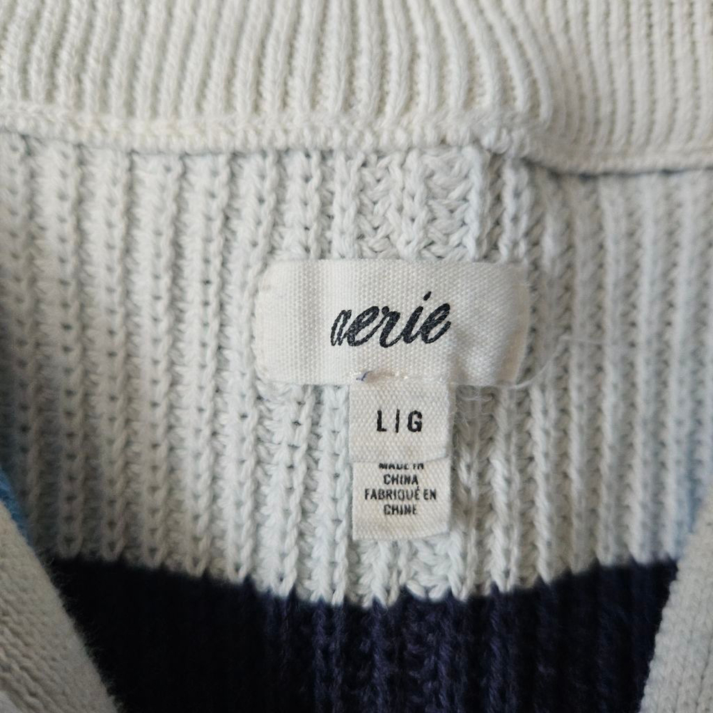 Aerie Blue White Striped Knit Quarter Zip Pullover Cotton Oversized Womens Large - Picture 3 of 6